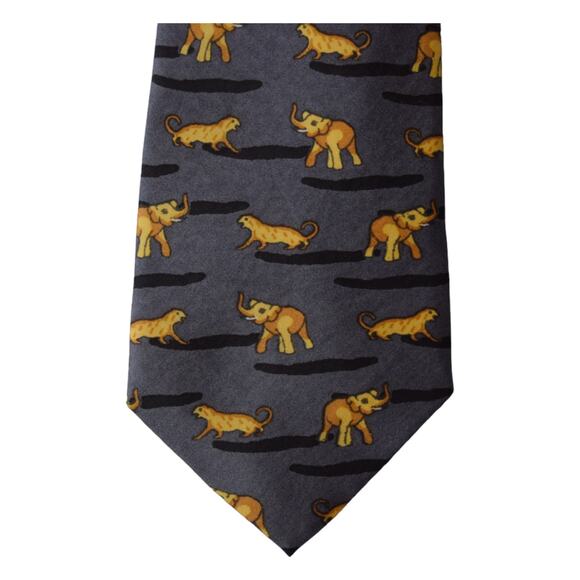 Burlington Vintage Animal Print Silk Tie - Elephant & Tiger Design, Dark Gray - Picture 3 of 7